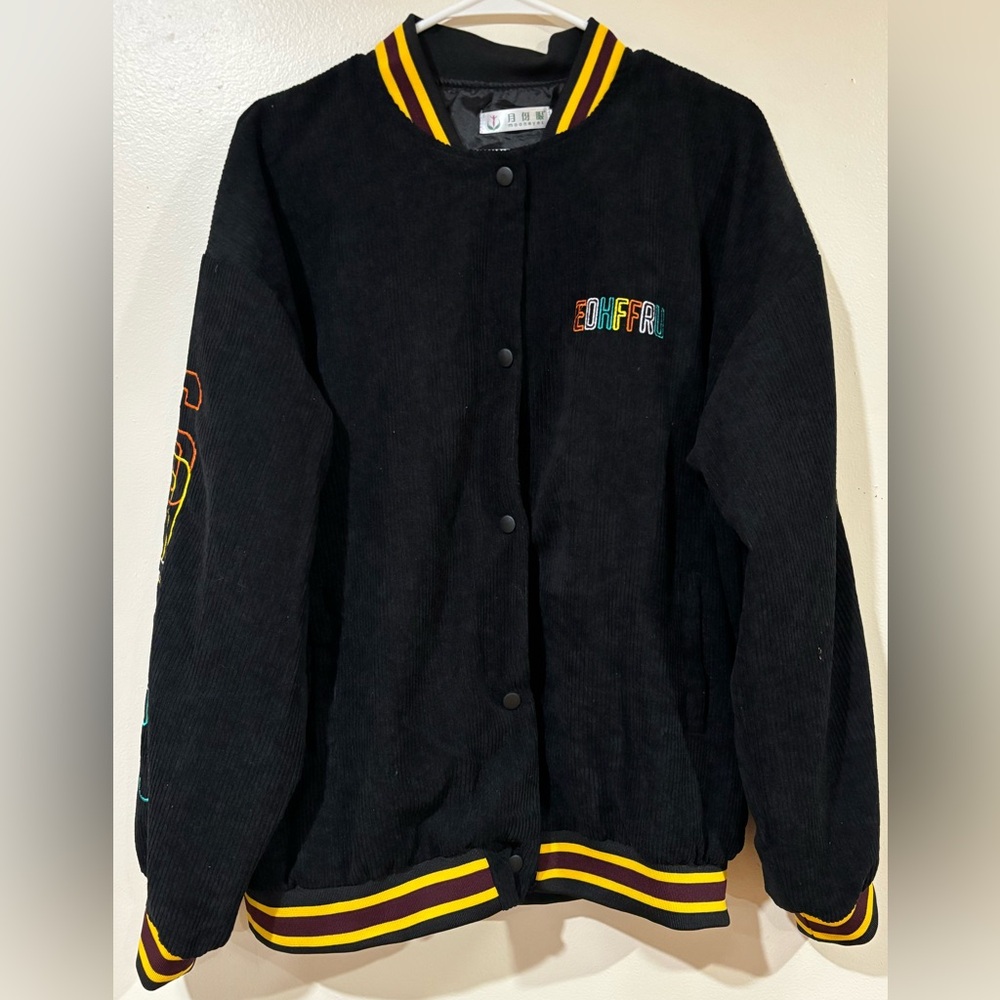 Black Kids Corduroy Bomber Jacket with Multicolor Embroidery